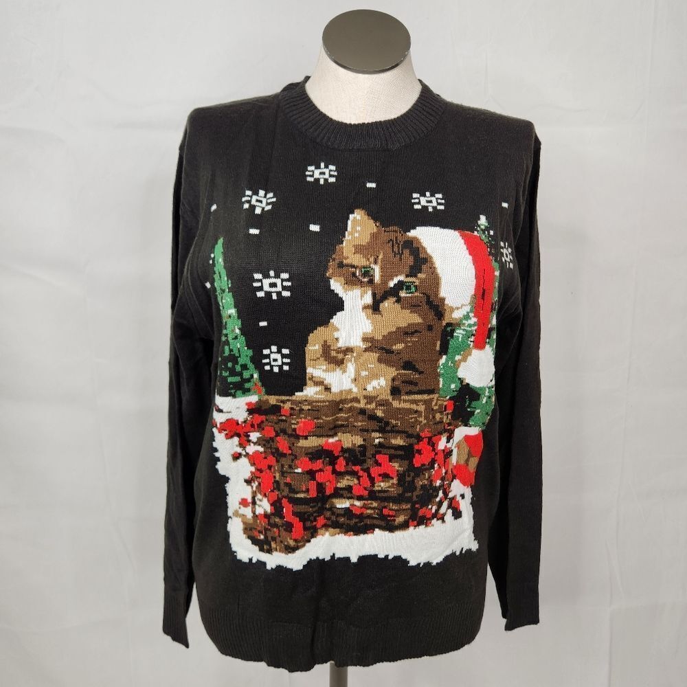 NWOT Unbranded Kitten Santa Hat Snow Black Ugly Christmas Sweater Sz L